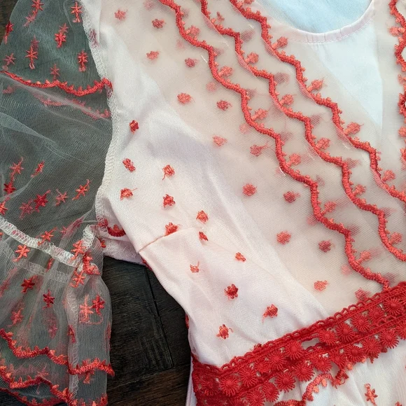 NWOT Pink and Red Lace Dress w Bell Sleeves Sweet & Unique - Picture 3 of 7